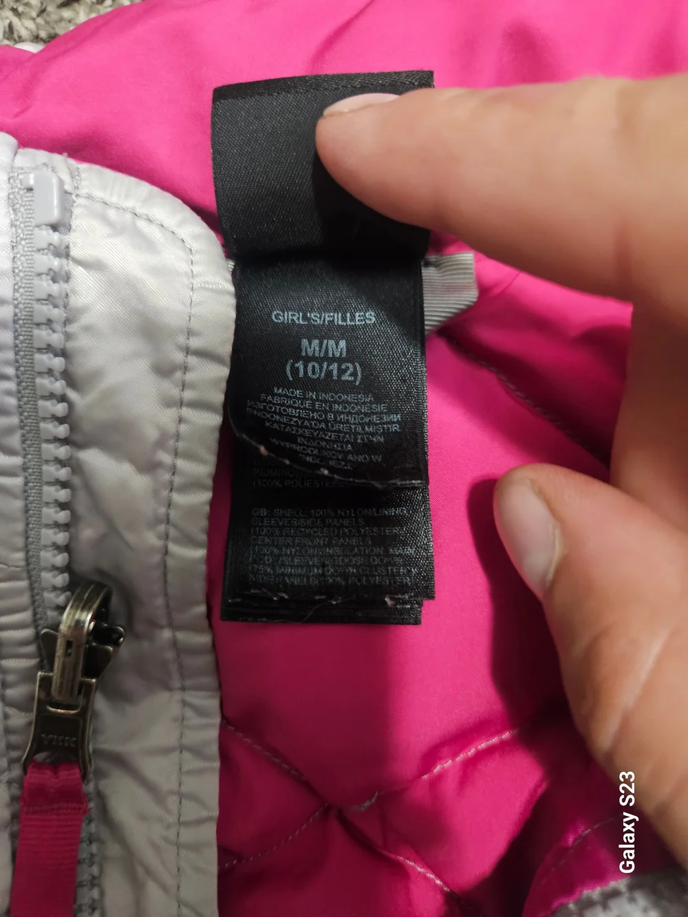 The North Face Girls' Light Gray Puffer Jacket with Pink Trim